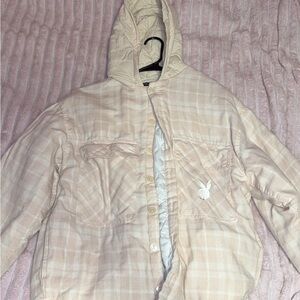 PacSun Cream Plaid Hooded Puffer Jacket